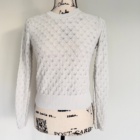 Club Monaco Sweater Pointelle Knit Sz S Ivory Ribbed Collar/Hem Quiet Luxurycore - Picture 2 of 14
